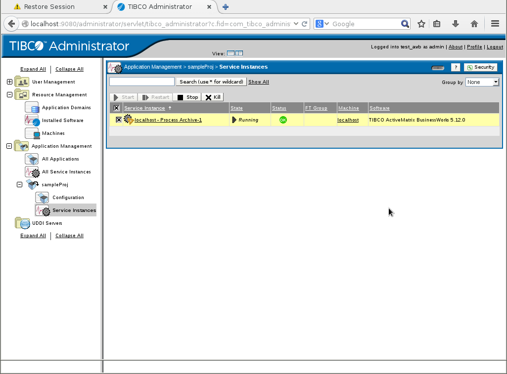 Aktive Services im TIBCO Administrator