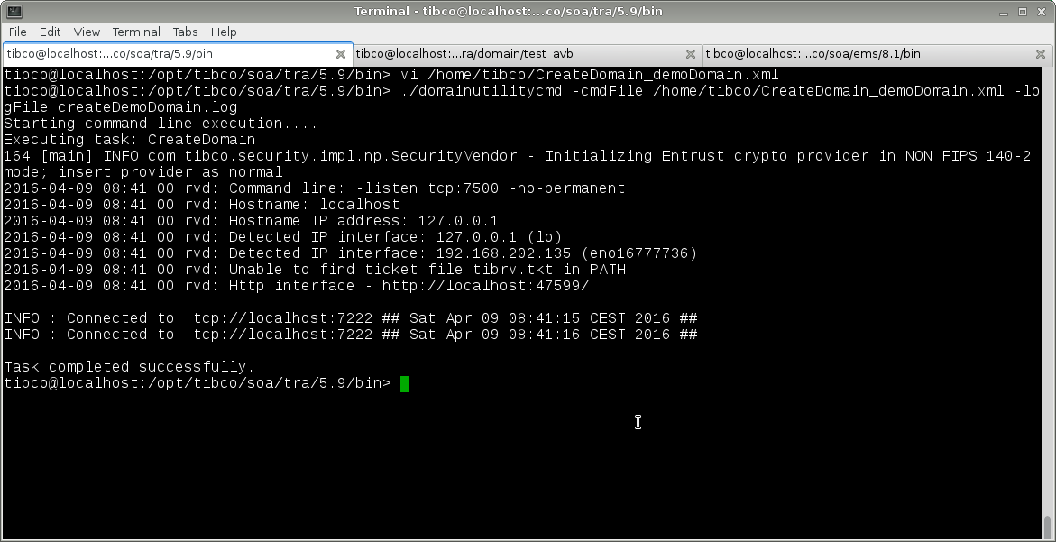 BW5 Domain anlegen mit domainutilitycmd -cmdFile /home/tibco/CreateDomain_demoDomain.xml