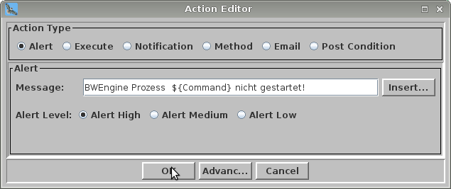 9. Send Alert Message “sampleProj-Process_Archive-1.tra” nicht gestartet senden